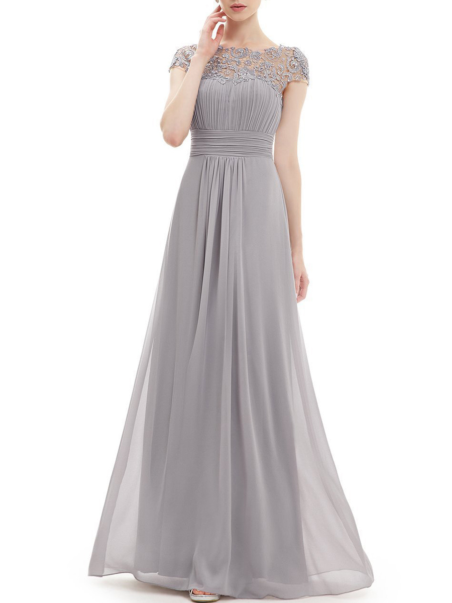 Round Neck Patchwork Ruched  Hollow Out Plain Evening Dress