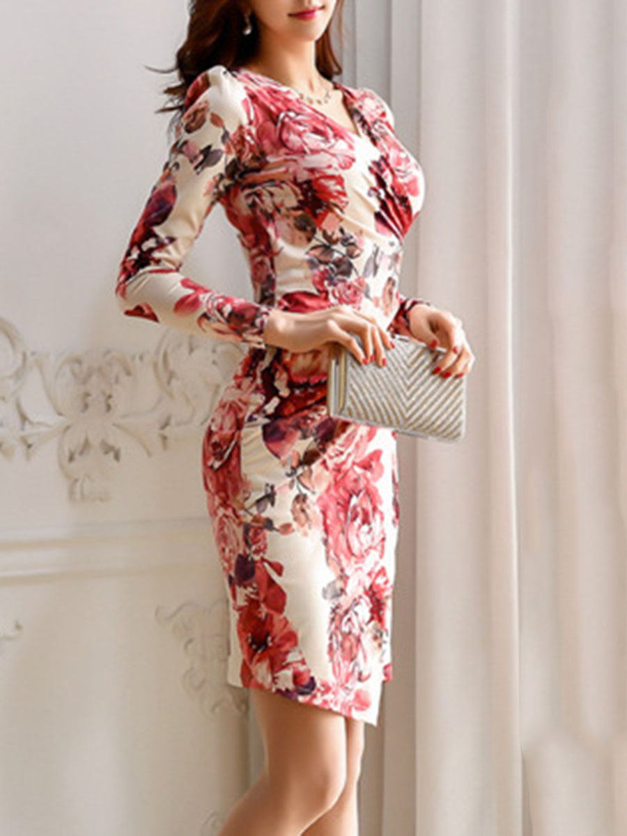 Sexy V-Neck Floral Printed Bodycon Dress