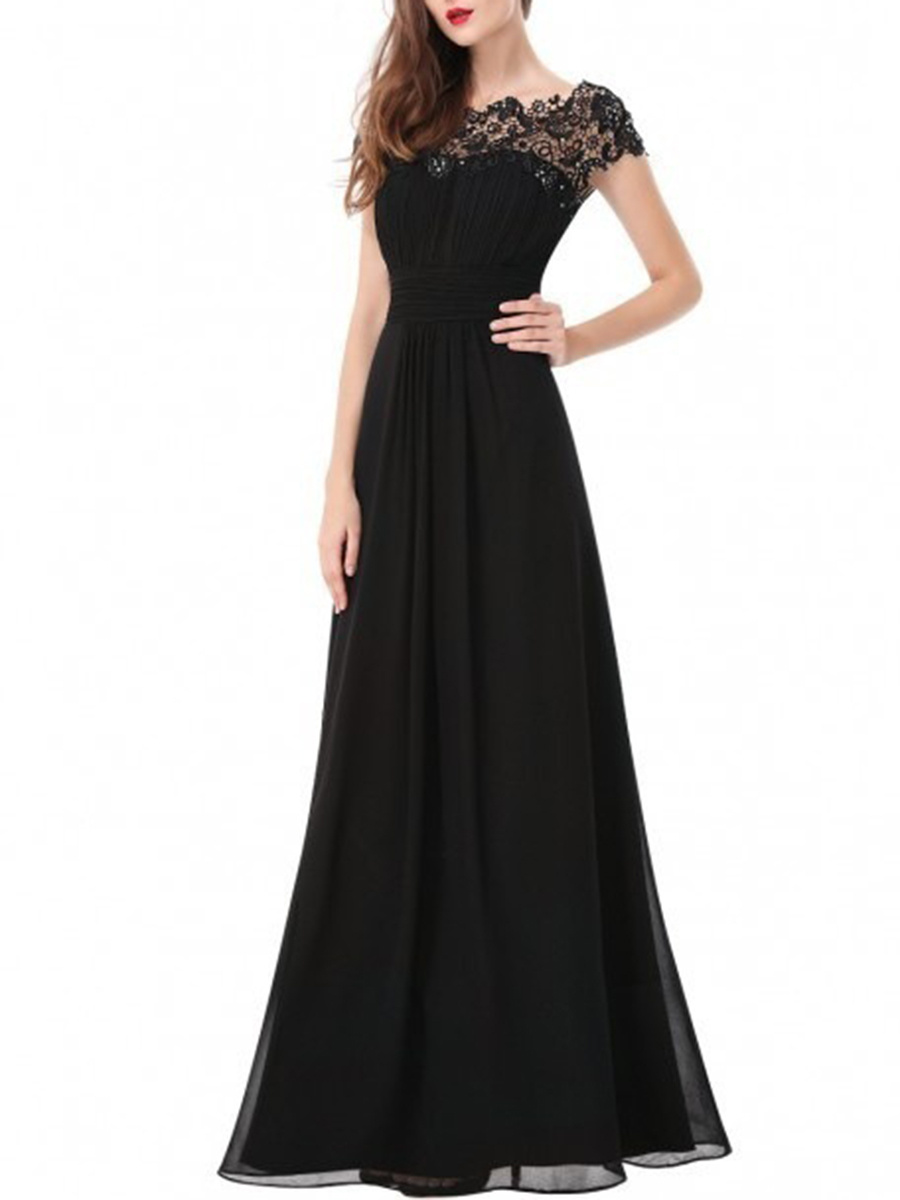 Round Neck Patchwork Ruched  Hollow Out Plain Evening Dress