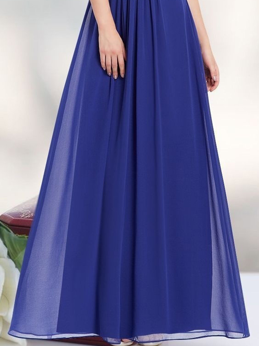 Round Neck Patchwork Ruched  Hollow Out Plain Evening Dress