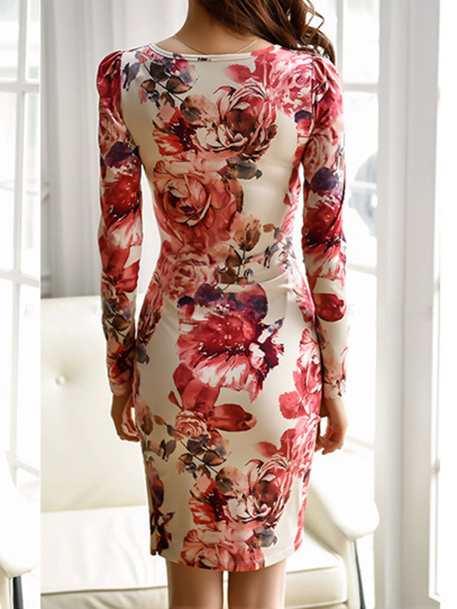 Sexy V-Neck Floral Printed Bodycon Dress