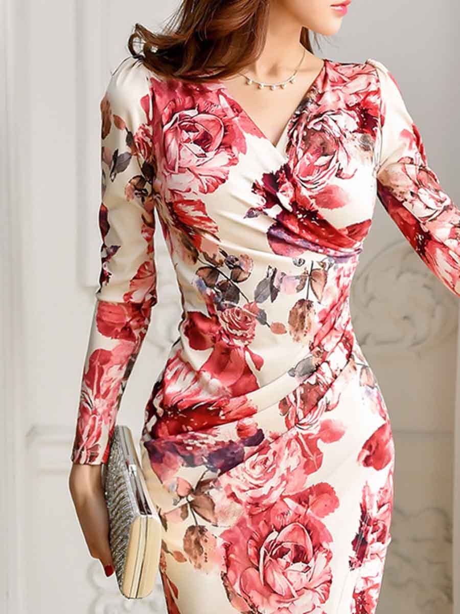 Sexy V-Neck Floral Printed Bodycon Dress