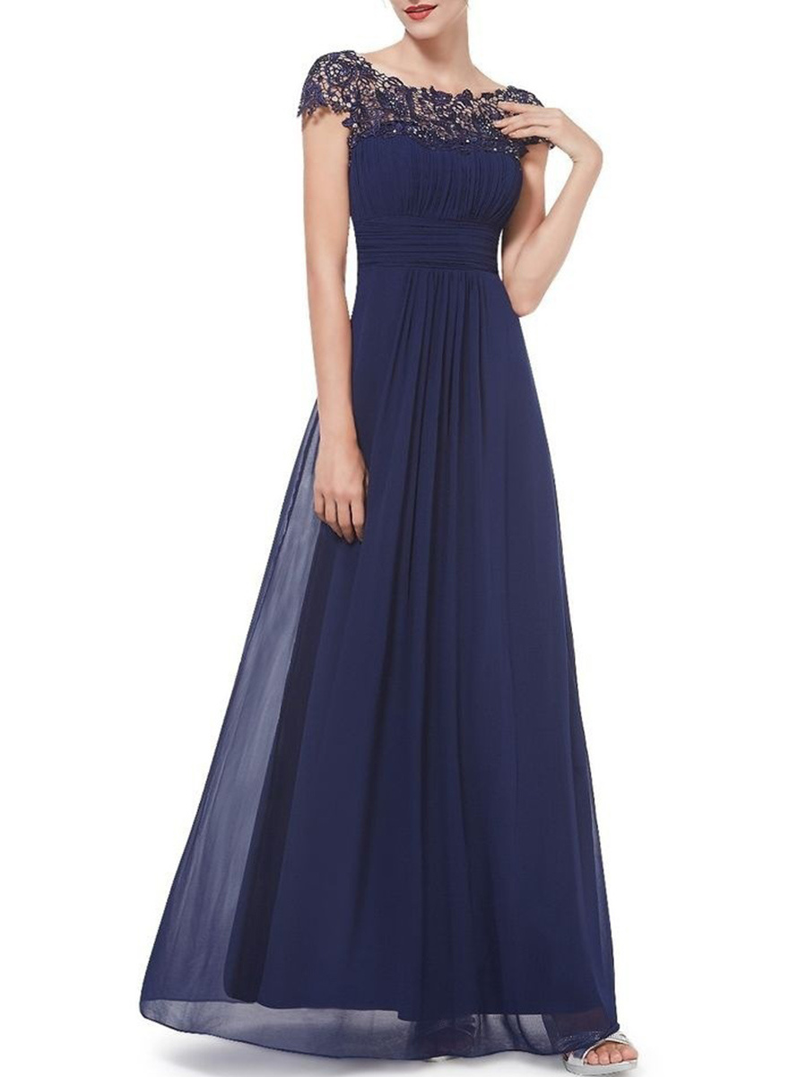 Round Neck Patchwork Ruched  Hollow Out Plain Evening Dress