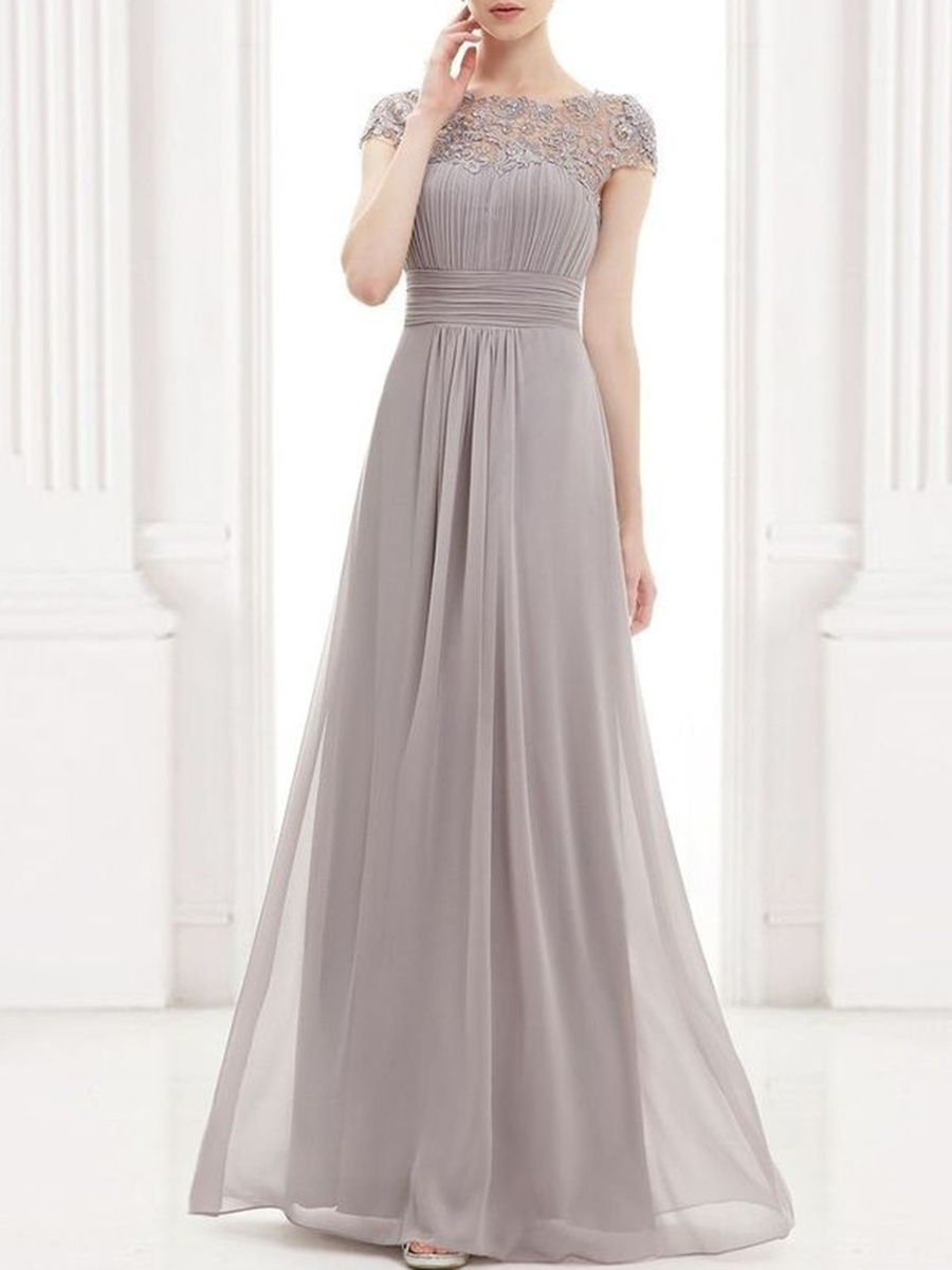 Round Neck Patchwork Ruched  Hollow Out Plain Evening Dress